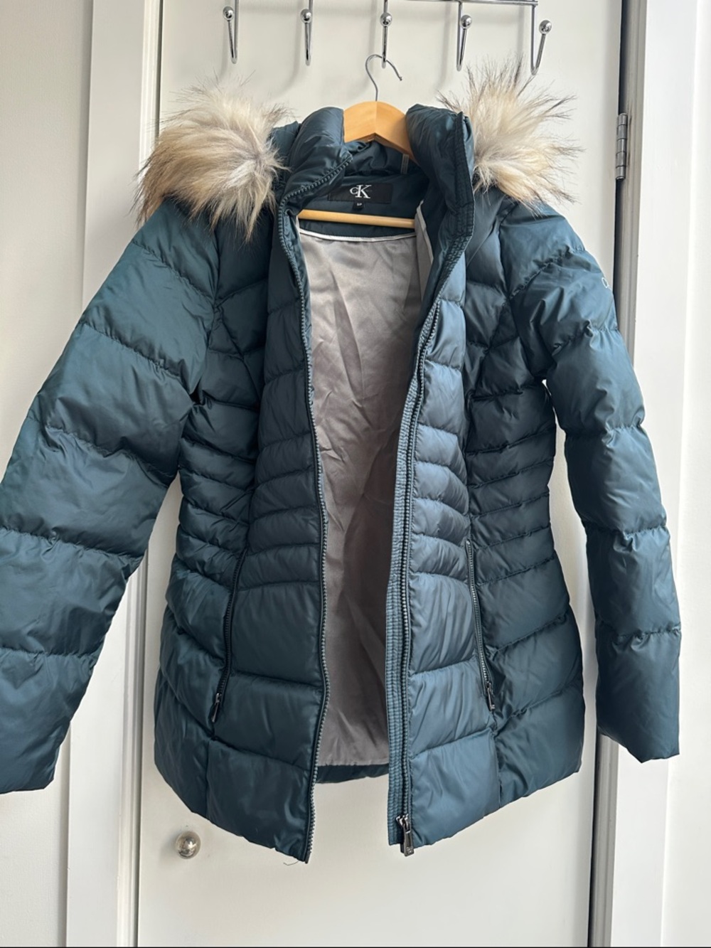 Calvin Klein Teal Quilted Puffer Jacket with Faux-Fur Trim Hood